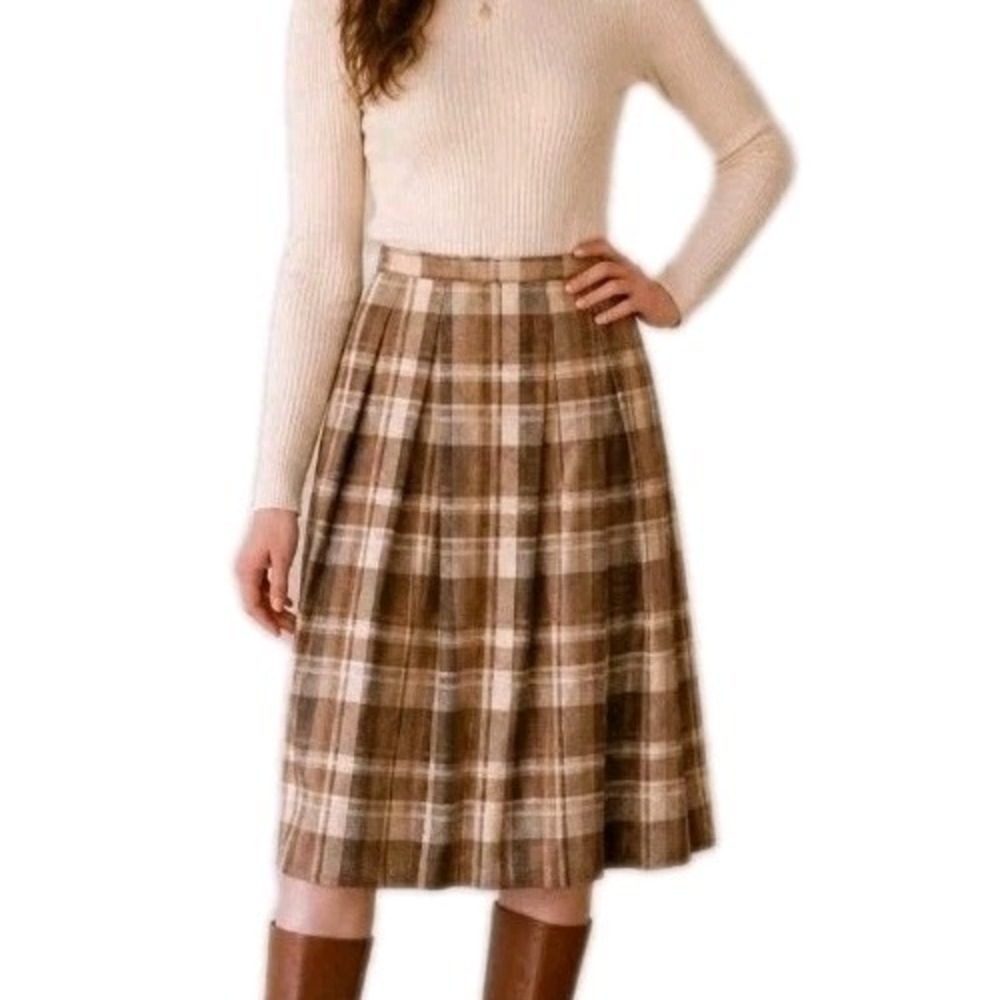 Vtg Pendleton Pleated Plaid Midi Skirt Taupe Brown Sz 14 100% Virgin Wool